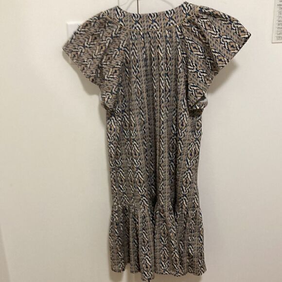 Imoga Pima NWT Organic Cotton Midi Shift Dress in Tan/Navy Ikat Print. Size 12. - Picture 2 of 7